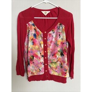 HWR Monogram Anthropologie Women SZ S Red Watercolor Floral Cardigan Girlie Core